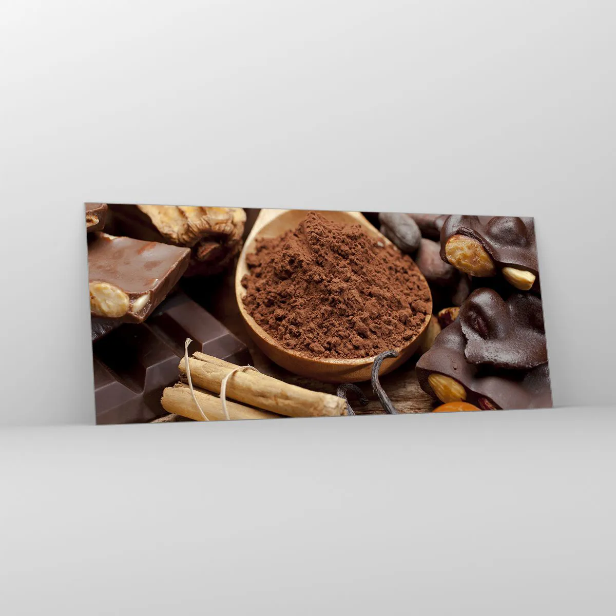 Quadro su vetro - Un cucchiaio di cacao e ingredienti al cioccolato in una disposizione rustica - 120x50cm - Ideale per i momenti di tristezza - Decorazione murale moderna per soggiorno e camera da letto ARTTOR
