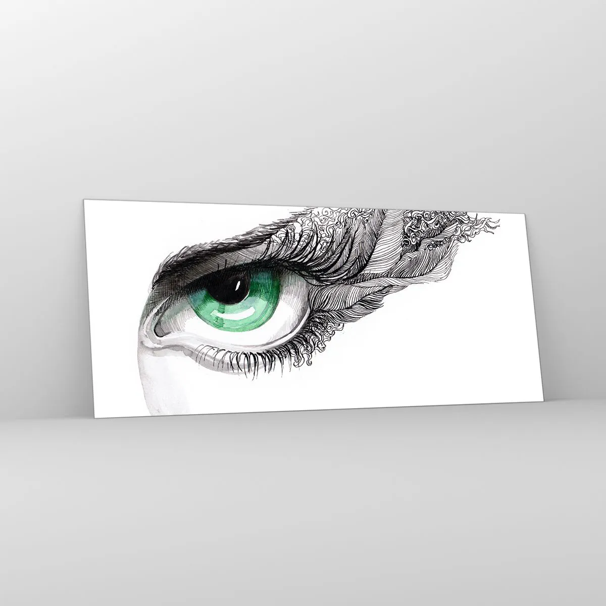 Cuadro sobre vidrio - Impresiones sobre Vidrio - Ojo artístico con iris verde y detalles de dibujo. - 120x50cm - Hermosa y lista para atacar - Decoración de pared moderna para salón y dormitorio ARTTOR