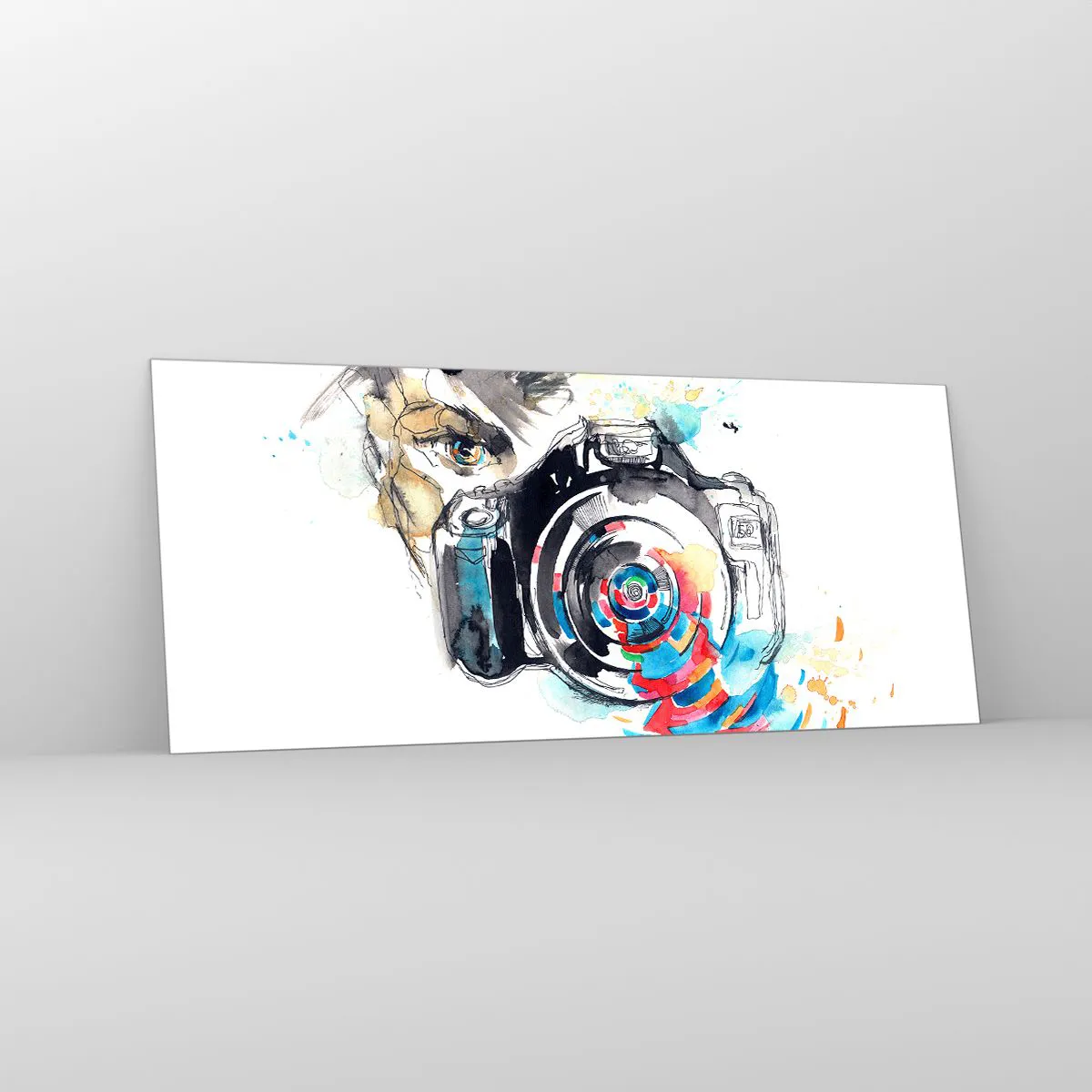 Glasbild - Bild auf glas - Aquarellkamera mit farbenfrohen Details - 120x50cm - Im Auge der Linse - Moderne Wanddekoration für Wohnzimmer und Schlafzimmer ARTTOR