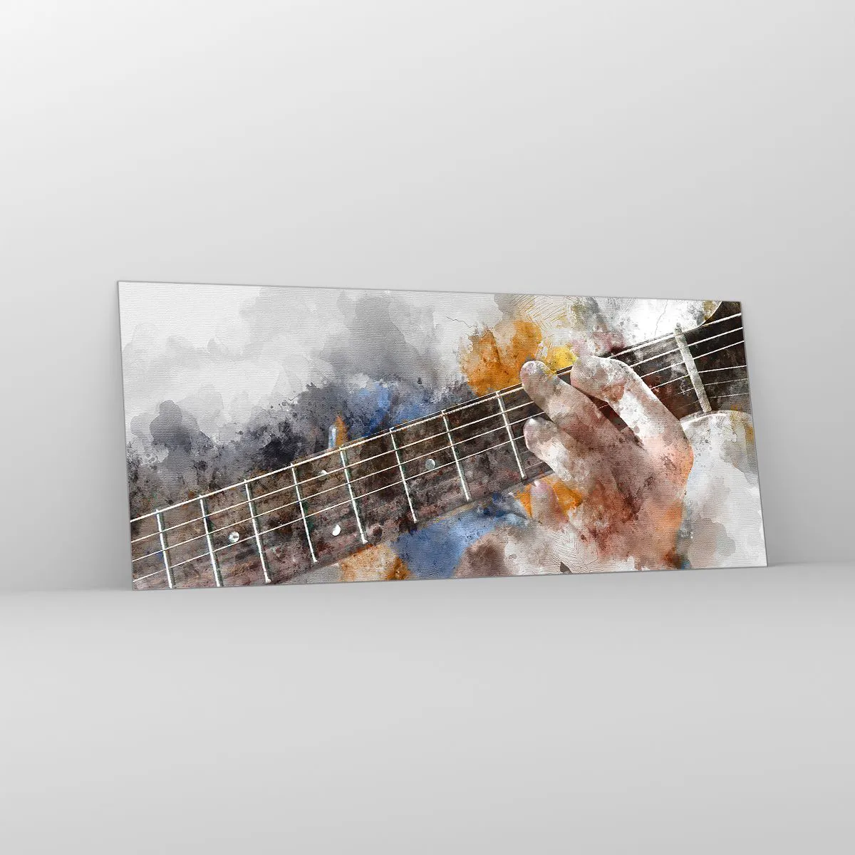Cuadro sobre vidrio - Impresiones sobre Vidrio - Imagen abstracta de una mano tocando la guitarra. - 120x50cm - Poesía entre las cuerdas - Decoración de pared moderna para salón y dormitorio ARTTOR