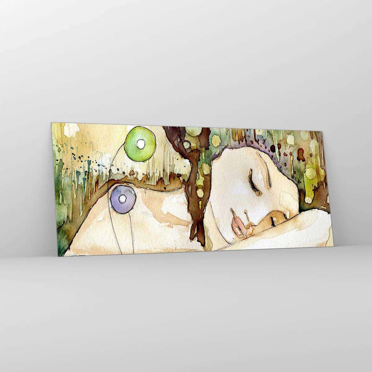 Glasbild - Bild auf glas - Eine träumende Frau, umgeben von abstrakten Formen und Farben. - 120x50cm - Ein smaragd-violetter Traum - Moderne Wanddekoration für Wohnzimmer und Schlafzimmer ARTTOR