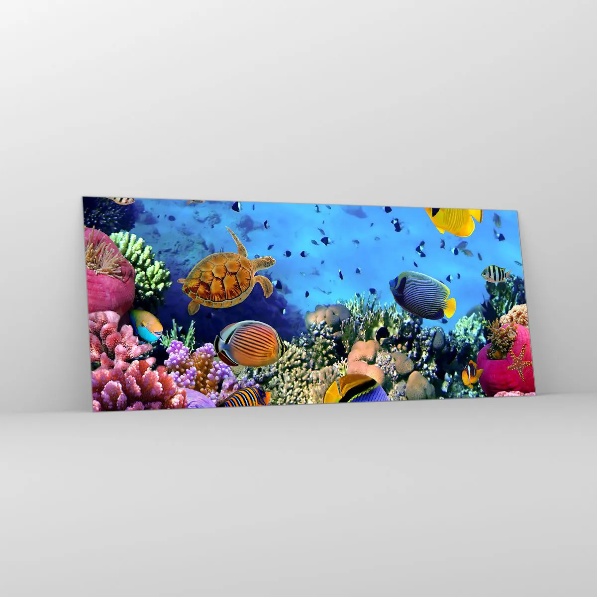 Obraz na szkle - Rafa koralowa z kolorowymi rybami i żółwiem morską - 120x50cm - I co my wiemy o życiu... - Nowoczesna dekoracja ścienna do salonu i sypialni ARTTOR