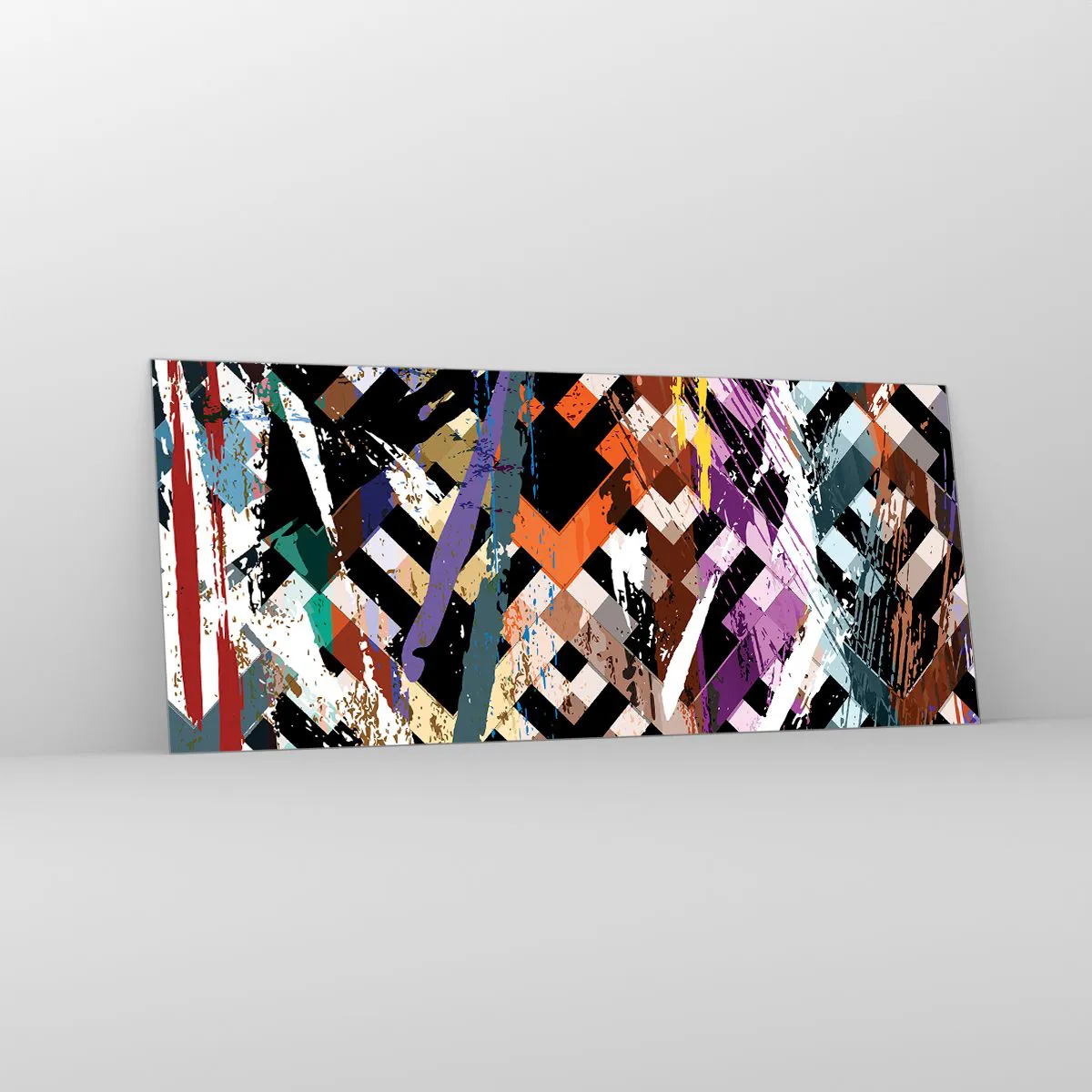 Impression sur verre - Image sur verre - Composition abstraite avec des lignes colorées sur fond noir - 120x50cm - Se mettre au carré - Décoration murale moderne pour le salon et la chambre ARTTOR