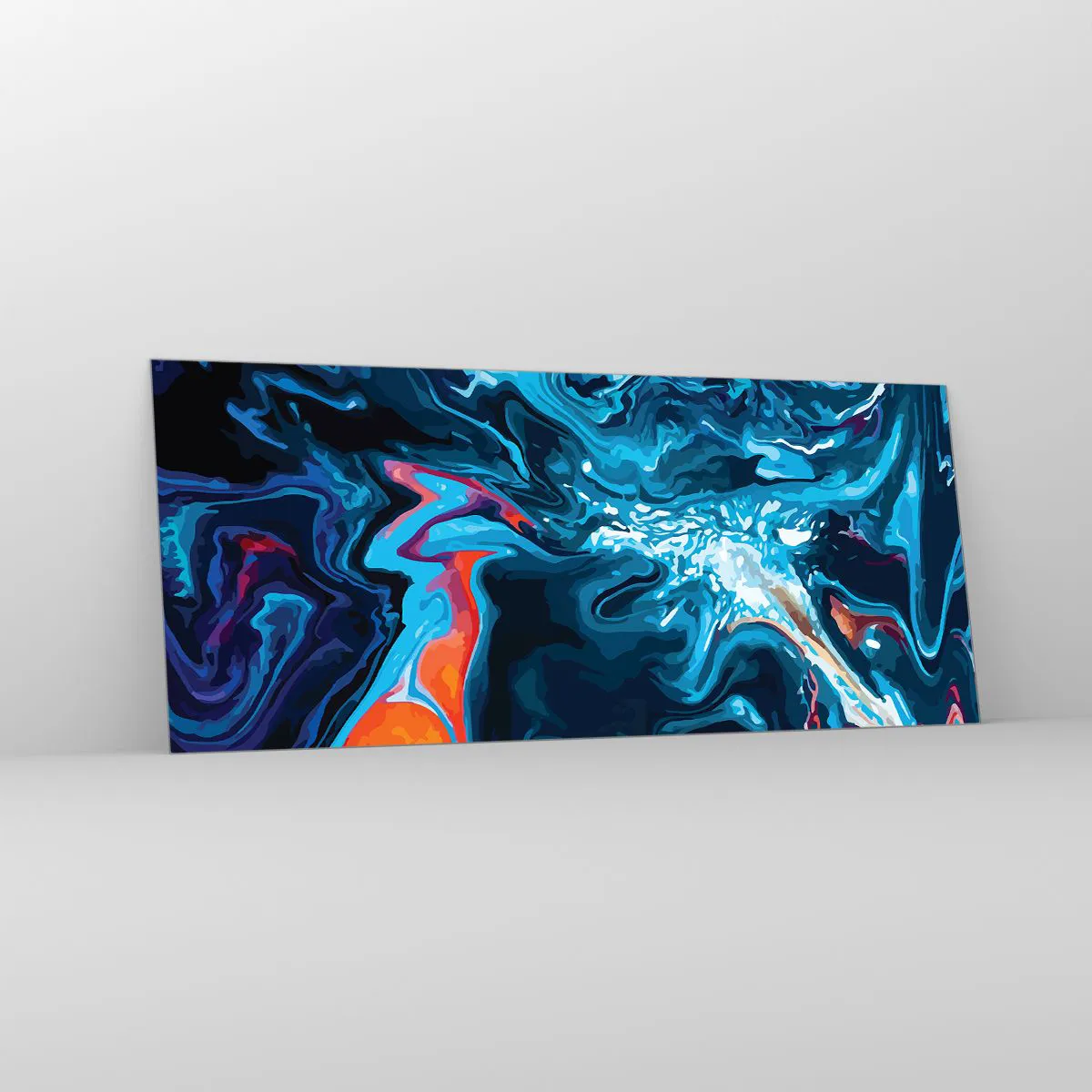 Impression sur verre - Image sur verre - Un motif abstrait dans des tons de bleu avec des accents orange. - 120x50cm - Voyage au centre du ciel - Décoration murale moderne pour le salon et la chambre ARTTOR