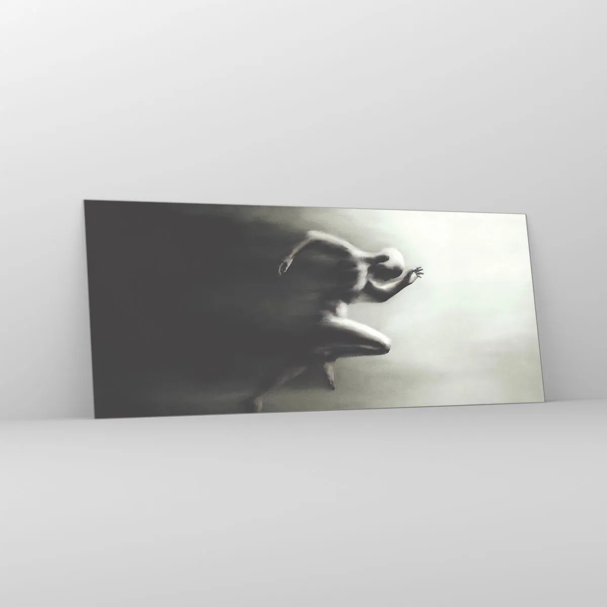Glasbild - Bild auf glas - Eine schwarz-weiße Silhouette einer laufenden Figur in einem dynamischen und surrealen Stil. - 120x50cm - Unwiderstehlich - Moderne Wanddekoration für Wohnzimmer und Schlafzimmer ARTTOR