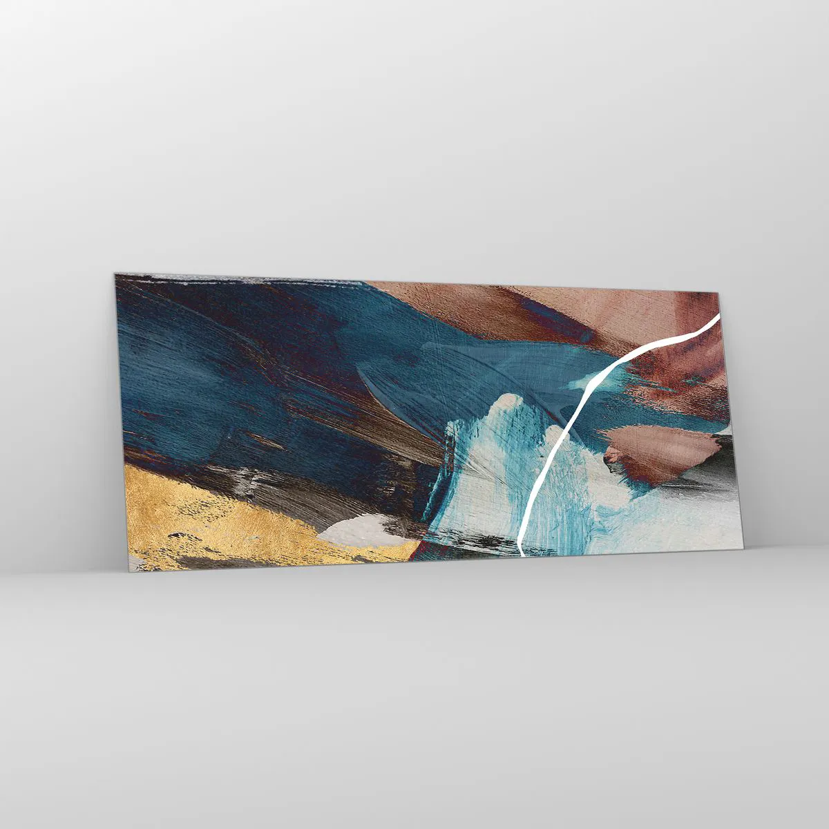 Cuadro sobre vidrio - Impresiones sobre Vidrio - Pinceladas abstractas en tonos azules y dorados. - 120x50cm - Con estilo y energía - Decoración de pared moderna para salón y dormitorio ARTTOR