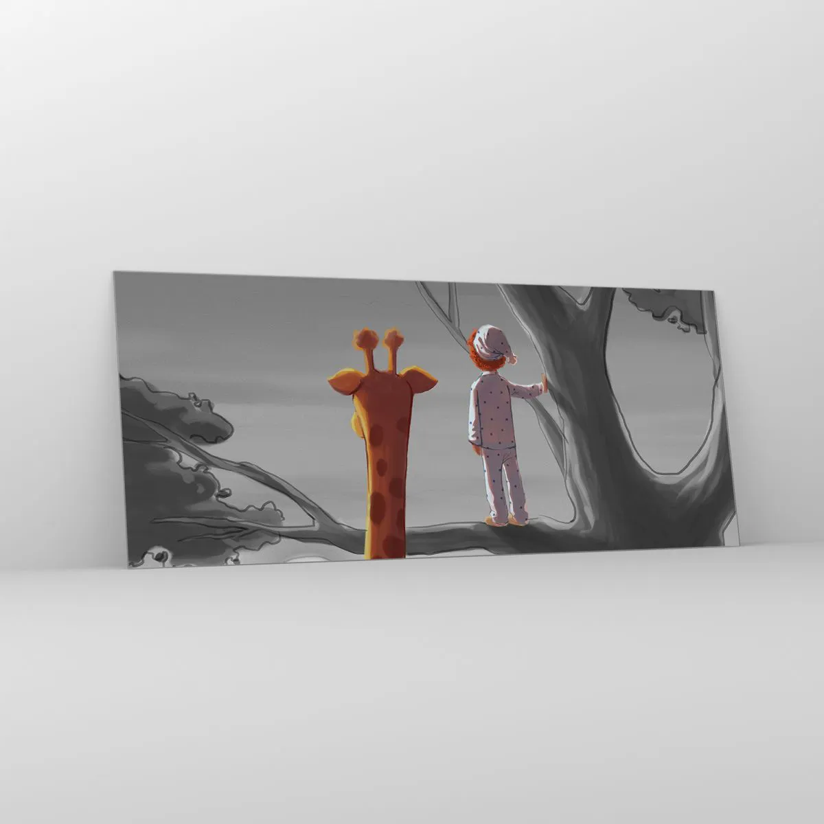 Obraz na szkle - Dziecko i żyrafa na gałęzi drzewa w bajkowym krajobrazie - 120x50cm - To się naprawdę dzieje - Nowoczesna dekoracja ścienna do salonu i sypialni ARTTOR