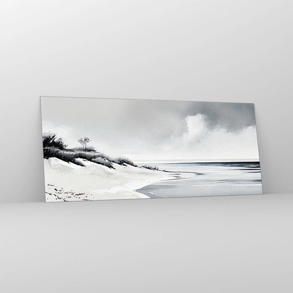 Impression sur verre - Image sur verre - Une plage aux tons sobres de gris et de bleu - 120x50cm - Ensemble depuis toujours - Décoration murale moderne pour le salon et la chambre ARTTOR