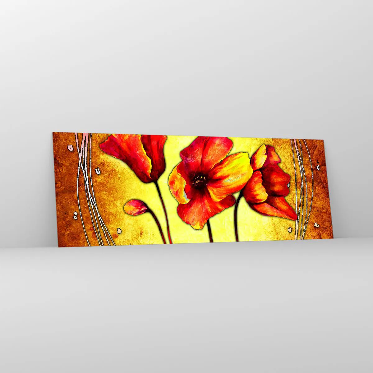 Quadro su vetro - Fiori rossi e gialli su sfondo oro con motivi decorativi - 140x50cm - Decorazione Art Nouveau - Decorazione murale moderna per soggiorno e camera da letto ARTTOR