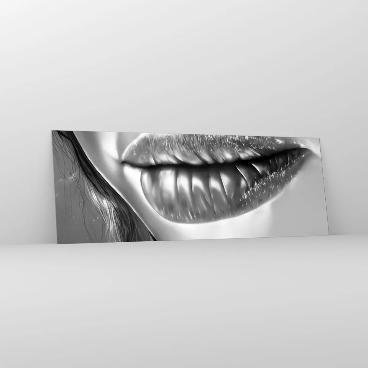 Cuadro sobre vidrio - Impresiones sobre Vidrio - Primer plano en blanco y negro de los labios de una mujer con efecto brillante y detalles. - 140x50cm - Sé lo que estás pensando... - Decoración de pared moderna para salón y dormitorio ARTTOR