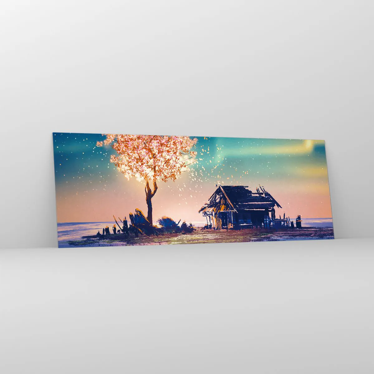 Glasbild - Bild auf glas - Ein Haus und ein blühender Baum unter dem Nachthimmel - 140x50cm - Die Natur vergeht nicht - Moderne Wanddekoration für Wohnzimmer und Schlafzimmer ARTTOR