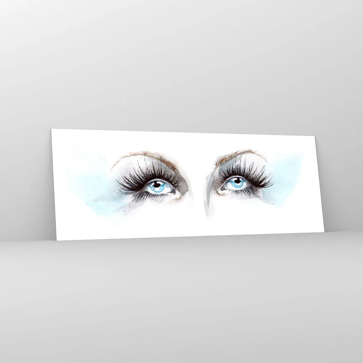 Obraz na szkle - Akwarela z niebieskimi oczami i delikatnymi akcentami - 140x50cm - Oczy anioła? - Nowoczesna dekoracja ścienna do salonu i sypialni ARTTOR