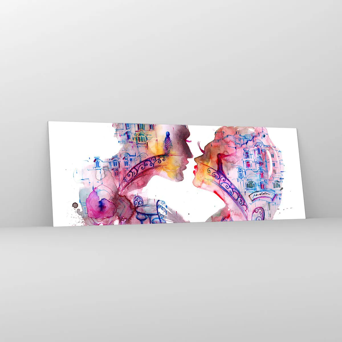 Glasbild - Bild auf glas - Ein romantisches Aquarell, das die Silhouetten von Liebenden darstellt - 140x50cm - Die geheime Seufzerbrücke - Moderne Wanddekoration für Wohnzimmer und Schlafzimmer ARTTOR