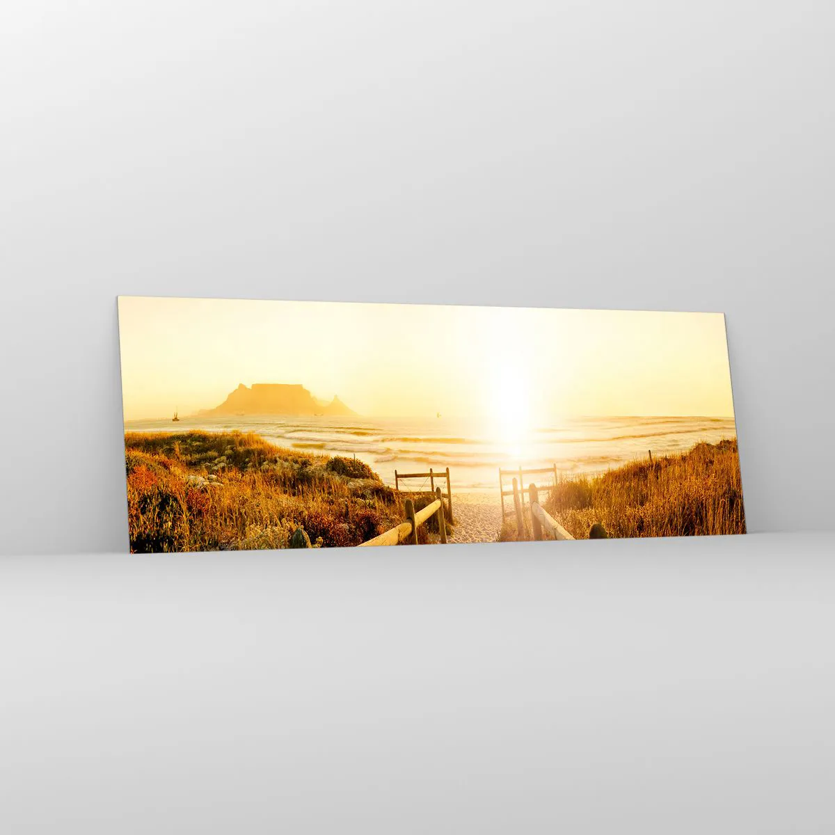 Impression sur verre - Image sur verre - Chemin vers la plage pendant un coucher de soleil doré - 140x50cm - A travers la dune, vers le soleil - Décoration murale moderne pour le salon et la chambre ARTTOR