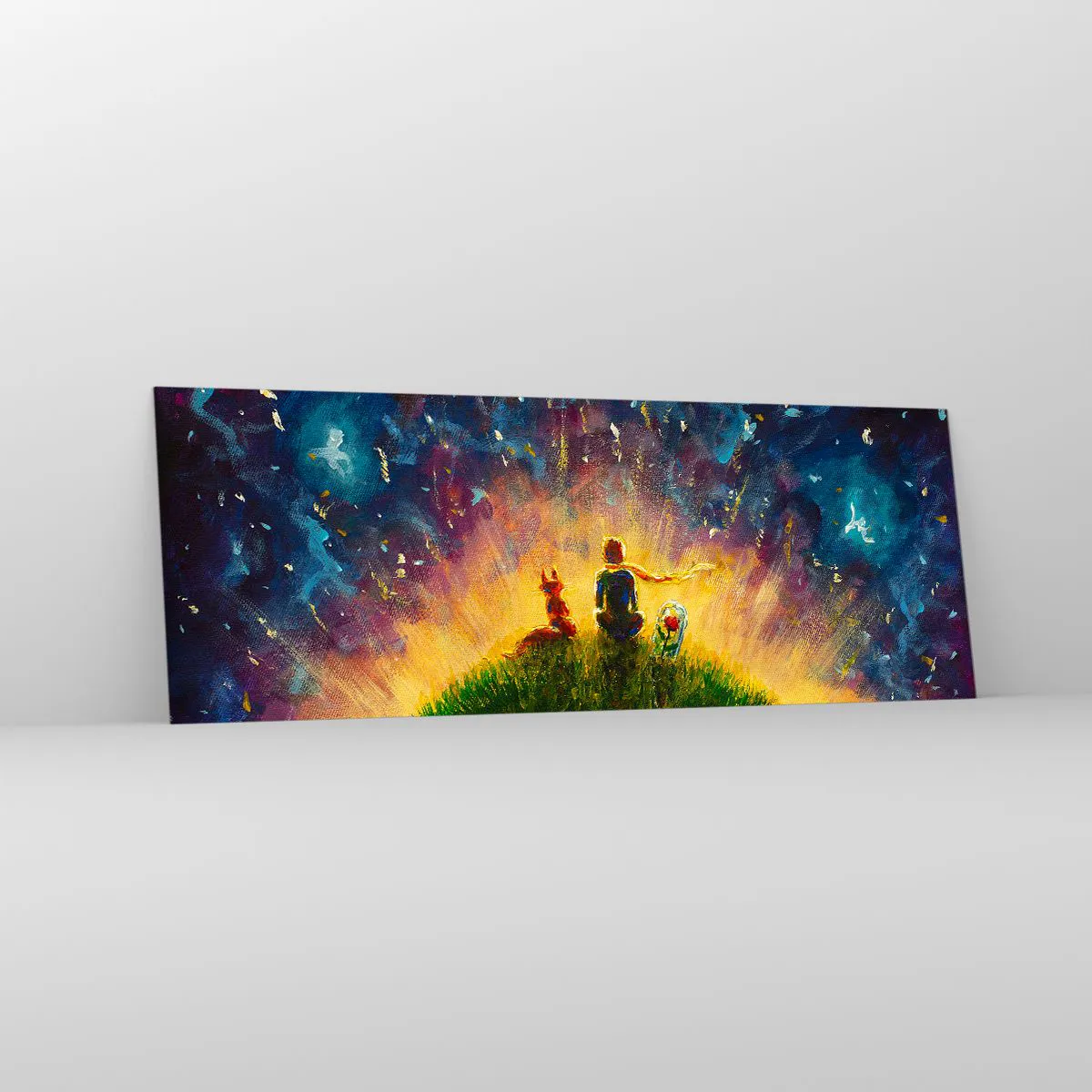 Impression sur verre - Image sur verre - Personnages sur une colline verdoyante entourée d'un ciel étoilé - 140x50cm - Amour et amitié - le monde entier - Décoration murale moderne pour le salon et la chambre ARTTOR