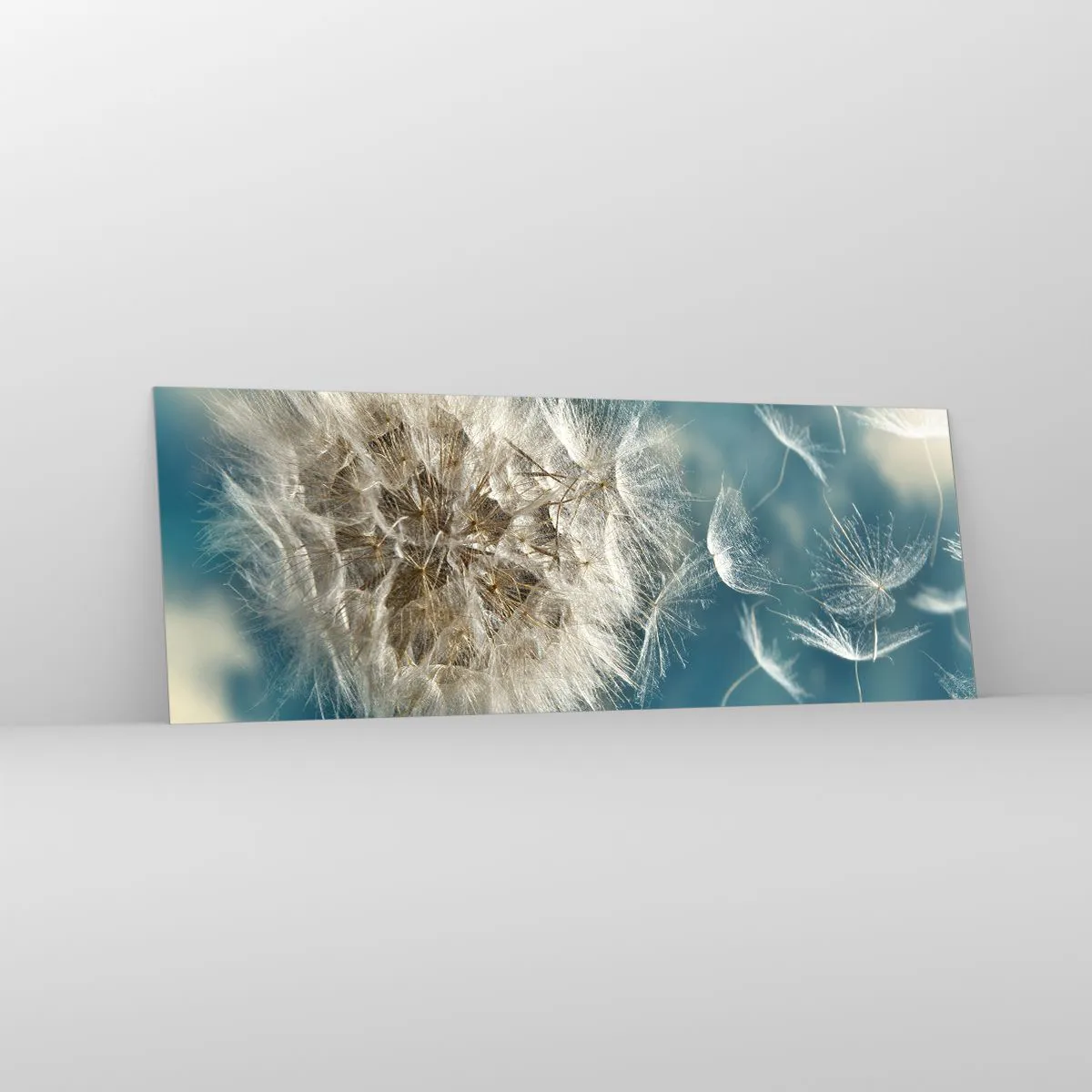 Impression sur verre - Image sur verre - Un pissenlit soufflé contre un ciel bleu - 140x50cm - souffle d'ange - Décoration murale moderne pour le salon et la chambre ARTTOR