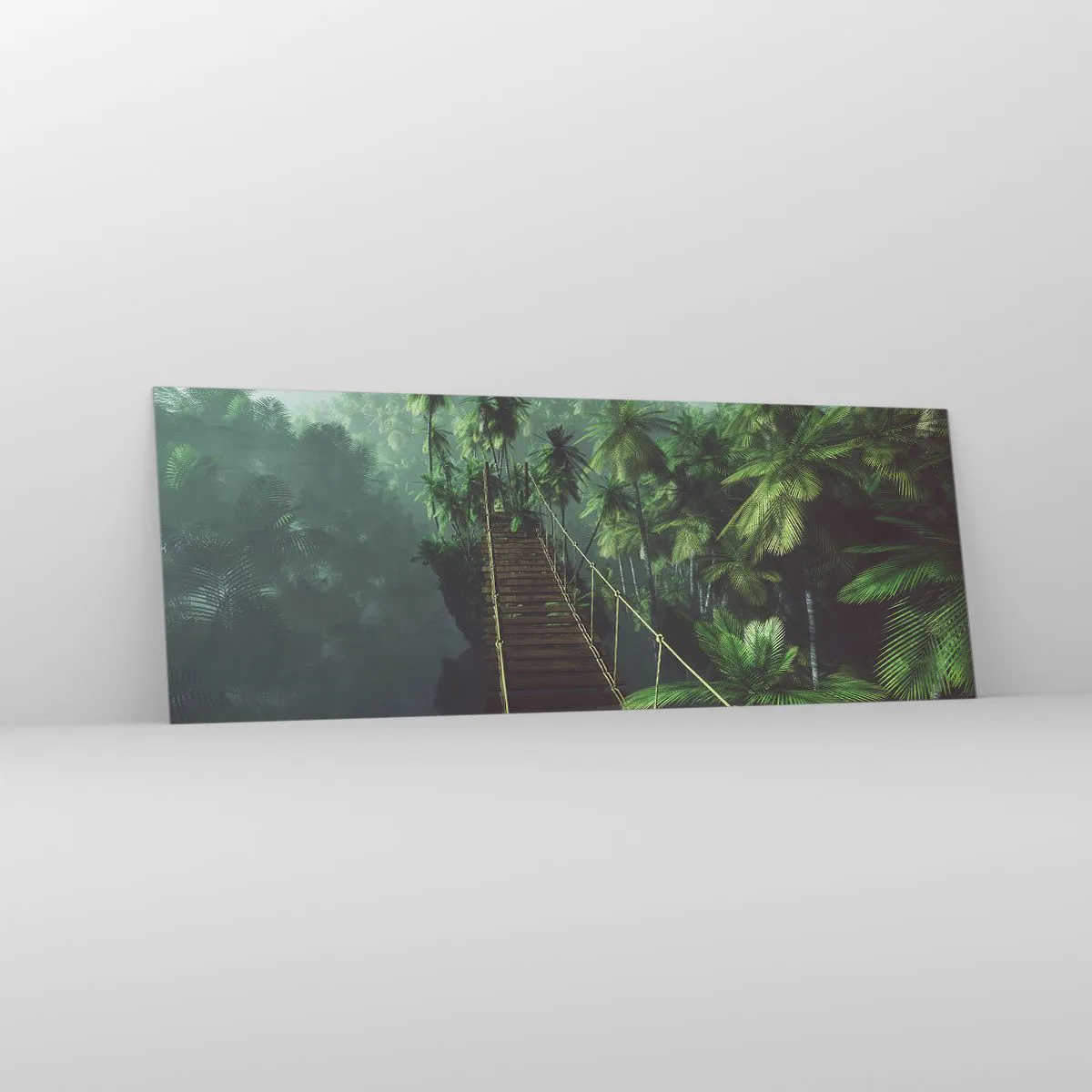 Quadro su vetro - Un ponte sospeso in una foresta tropicale circondato dalla nebbia. - 140x50cm - Nel vortice del verde - Decorazione murale moderna per soggiorno e camera da letto ARTTOR