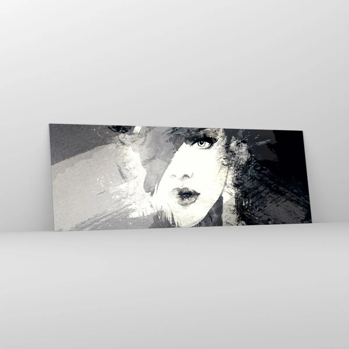 Cuadro sobre vidrio - Impresiones sobre Vidrio - Un retrato abstracto de una mujer en tonos grises con acentos delicados. - 140x50cm - Tras un velo gris - Decoración de pared moderna para salón y dormitorio ARTTOR