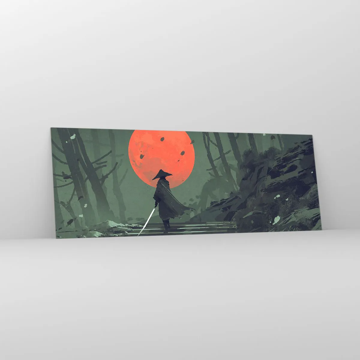 Impression sur verre - Image sur verre - Un guerrier solitaire avec une épée sur fond de lune rouge dans une forêt sombre. - 140x50cm - Guerrier de la lune rouge - Décoration murale moderne pour le salon et la chambre ARTTOR
