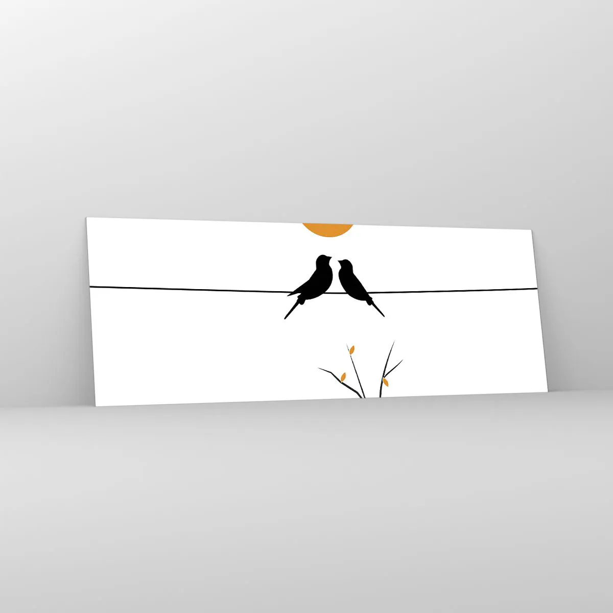 Impression sur verre - Image sur verre - Oiseaux sur une ligne avec un soleil jaune - 140x50cm - Soirée pour rossignols - Décoration murale moderne pour le salon et la chambre ARTTOR