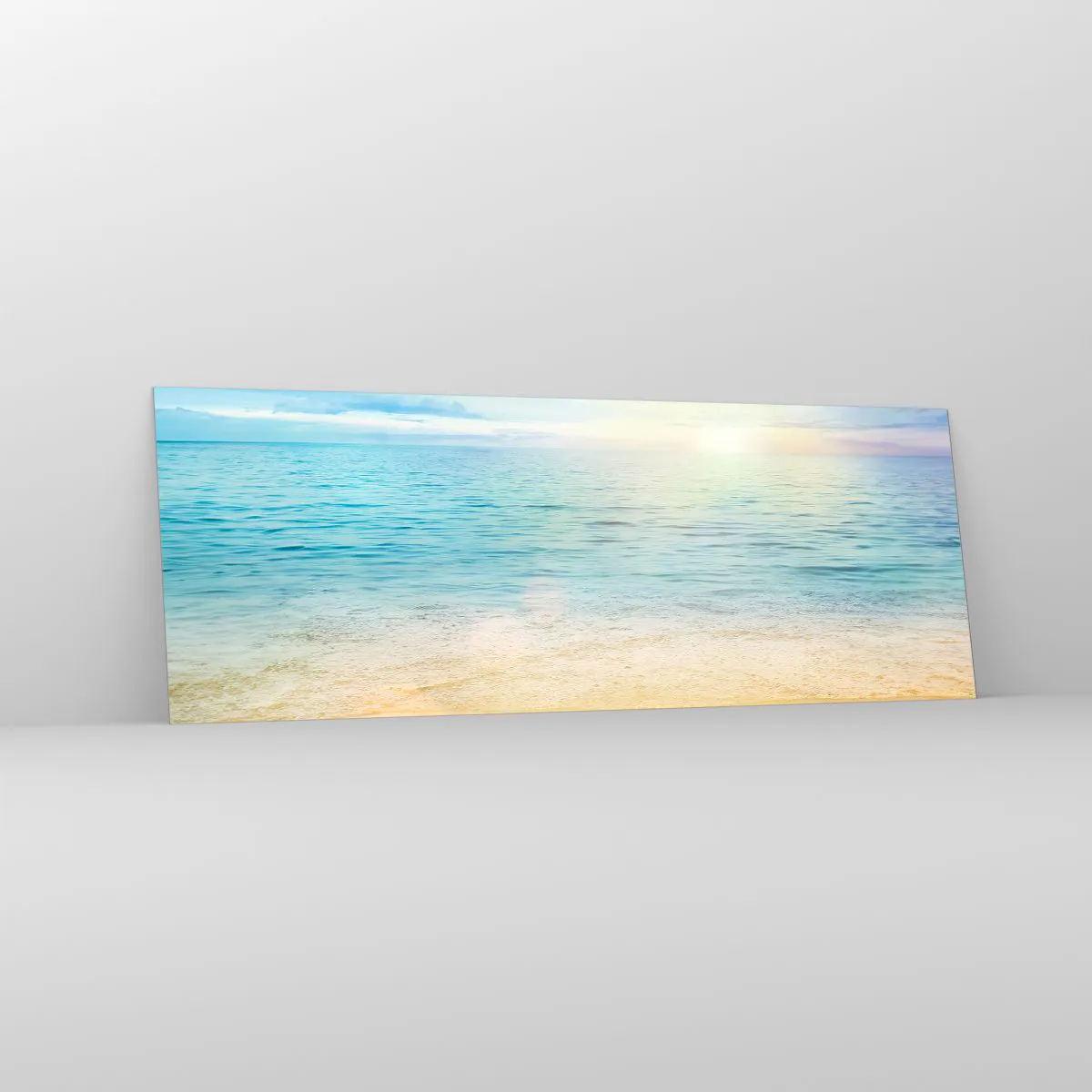 Cuadro sobre vidrio - Impresiones sobre Vidrio - Una playa con mar turquesa y cielo despejado. - 140x50cm - Gran cielo azul - Decoración de pared moderna para salón y dormitorio ARTTOR