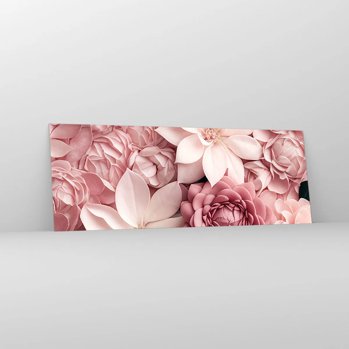 Obraz na szkle - Kwiaty w odcieniach różu i bieli w artystycznym ujęciu - 140x50cm - W różowych płatkach - Nowoczesna dekoracja ścienna do salonu i sypialni ARTTOR
