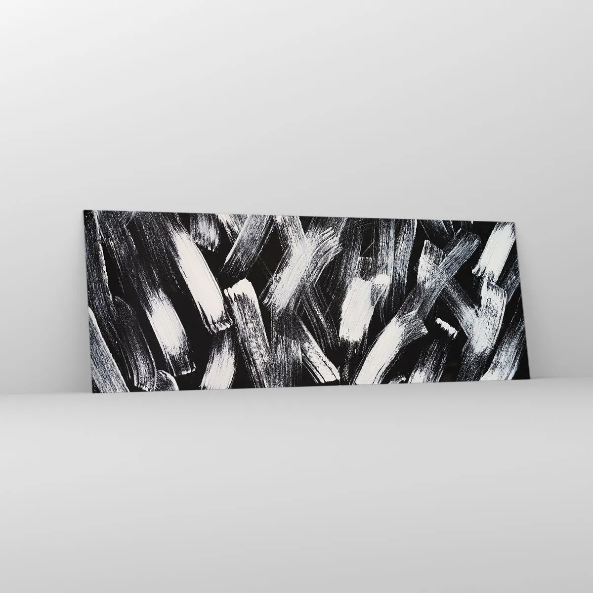 Cuadro sobre vidrio - Impresiones sobre Vidrio - Abstracción dinámica con pinceladas blancas sobre fondo negro. - 140x50cm - Abstracción en el espíritu industrial - Decoración de pared moderna para salón y dormitorio ARTTOR