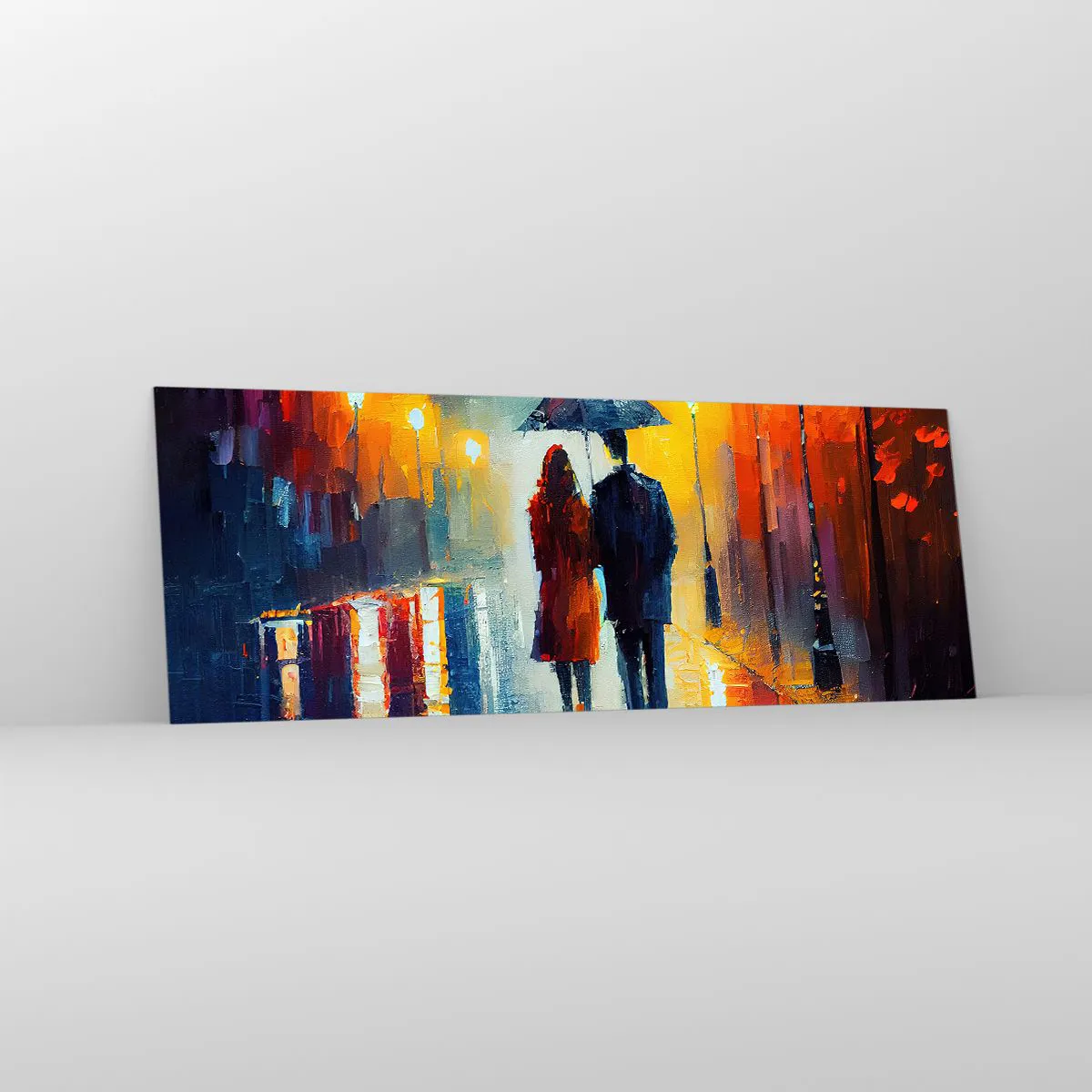 Quadro su vetro - Una coppia sotto un ombrello che cammina attraverso una colorata città notturna - 140x50cm - Insieme la notte è colorata - Decorazione murale moderna per soggiorno e camera da letto ARTTOR