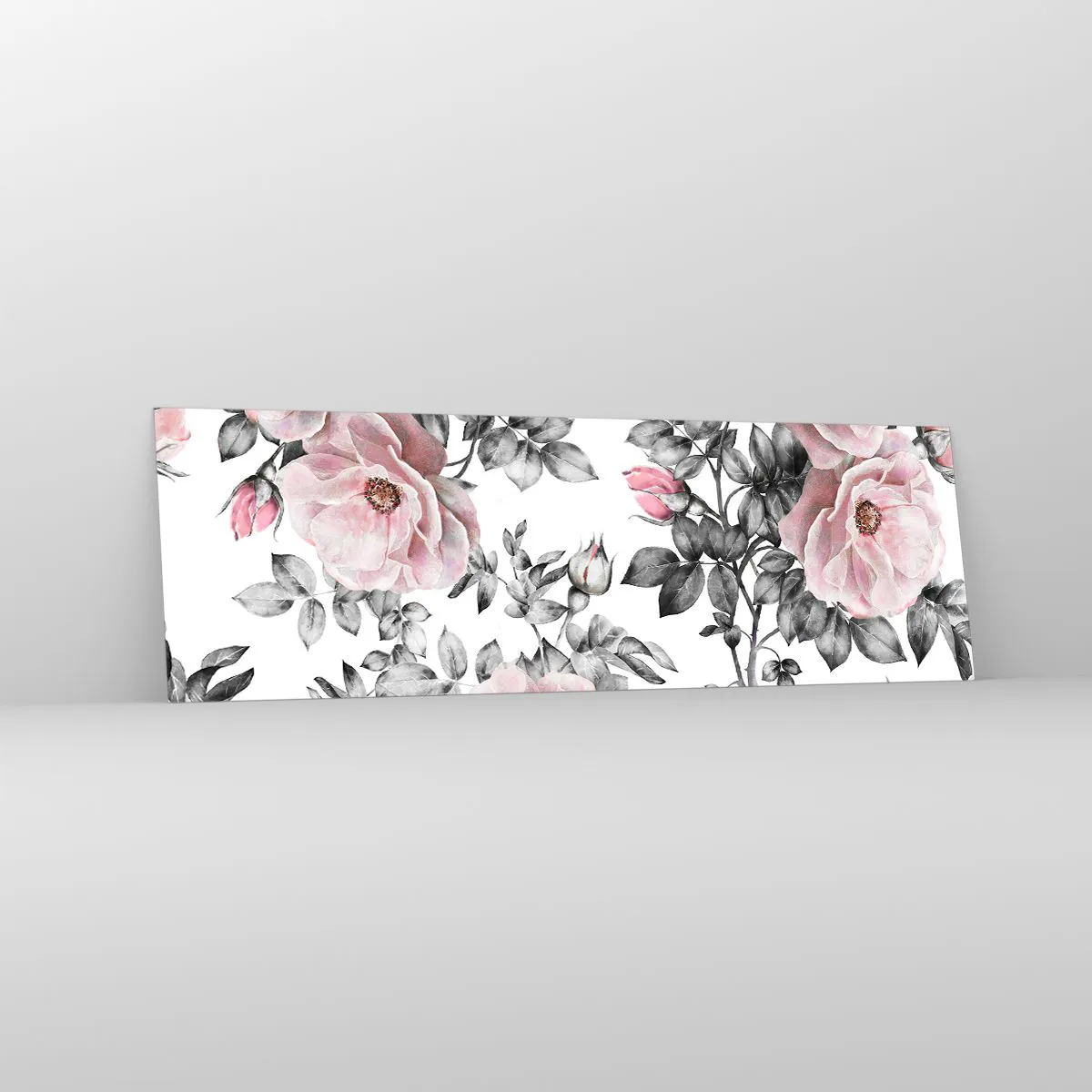 Impression sur verre - Image sur verre - Roses roses et feuilles sur un délicat fond noir et blanc - 160x50cm - Se perdre dans les fleurs des roses - Décoration murale moderne pour le salon et la chambre ARTTOR