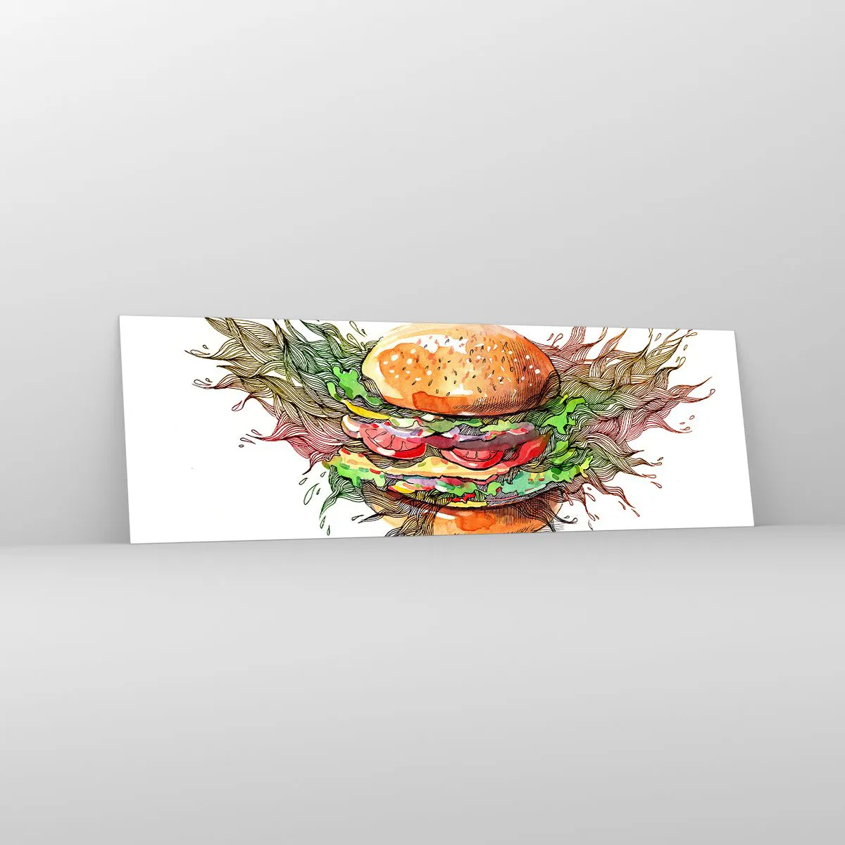 Impression sur verre - Image sur verre - Illustration artistique d'un burger avec des éléments dynamiques - 160x50cm - Tentation chaude - Décoration murale moderne pour le salon et la chambre ARTTOR