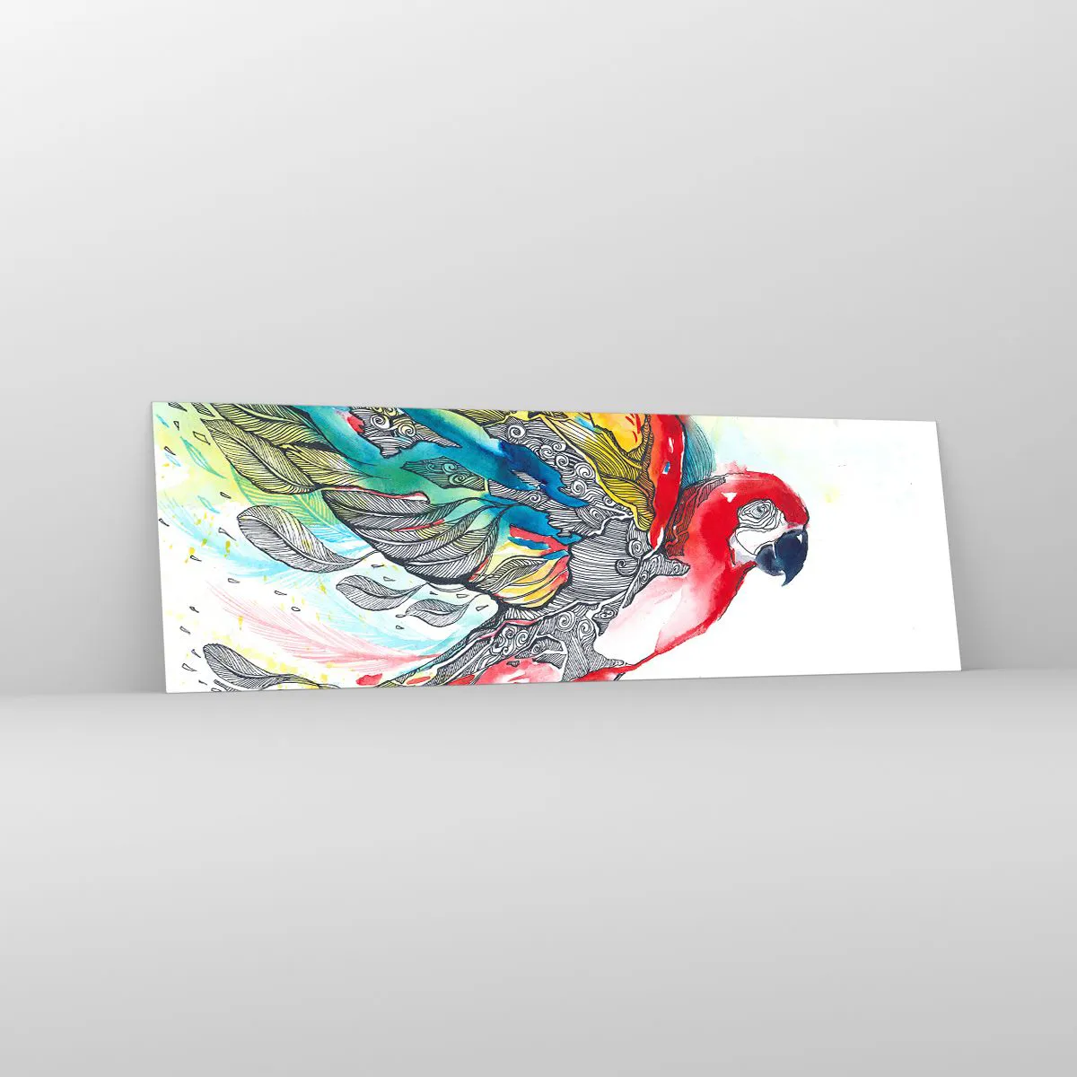 Impression sur verre - Image sur verre - Un perroquet coloré en vol avec des motifs abstraits sur ses ailes. - 160x50cm - Vivez haut en couleurs - Décoration murale moderne pour le salon et la chambre ARTTOR