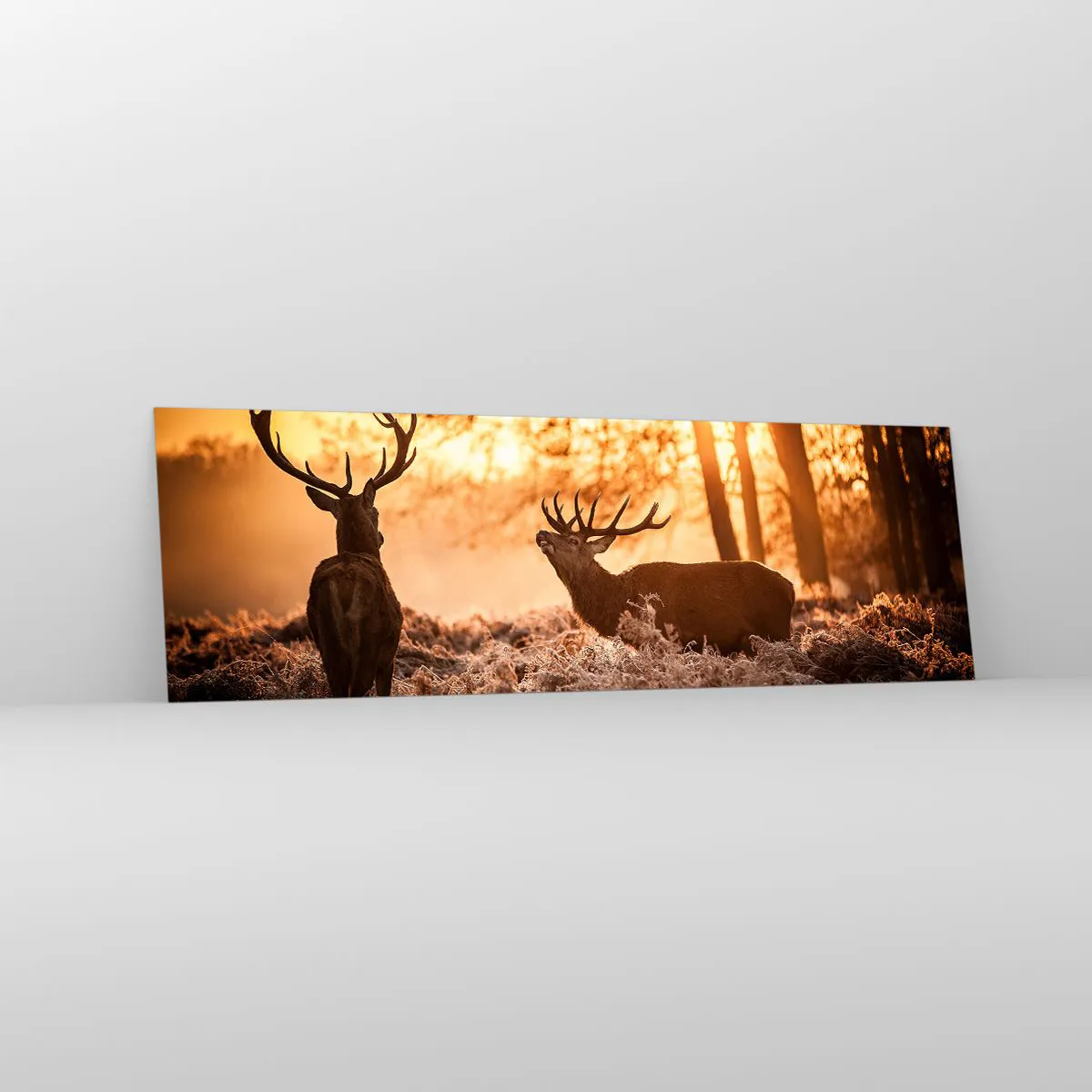 Impression sur verre - Image sur verre - Deux cerfs au coucher du soleil dans un paysage hivernal - 160x50cm - Le rêve d'un chasseur - Décoration murale moderne pour le salon et la chambre ARTTOR