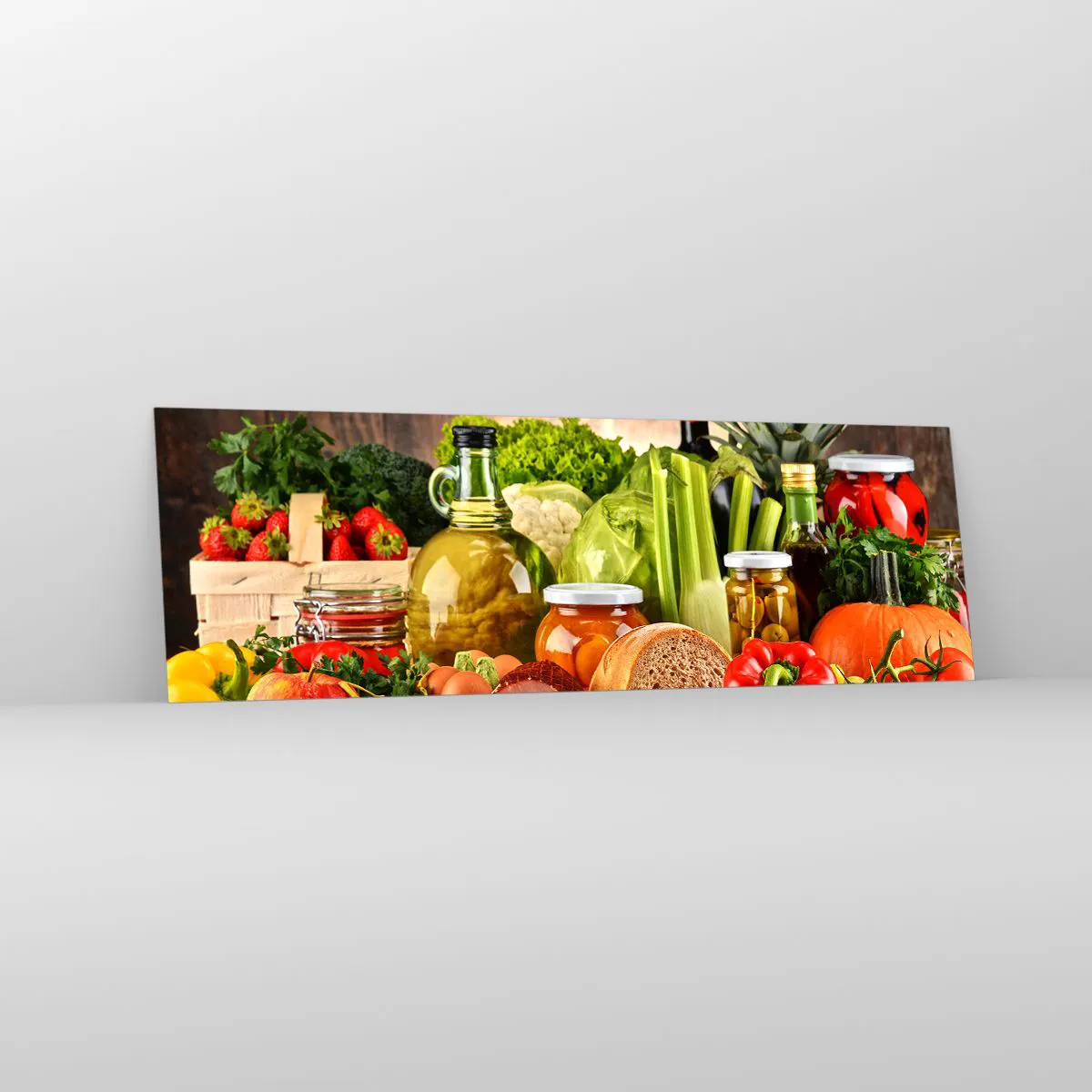 Quadro su vetro - Frutta, verdura e prodotti alimentari colorati - 160x50cm - Affumicati, arrostiti, marinati - Decorazione murale moderna per soggiorno e camera da letto ARTTOR