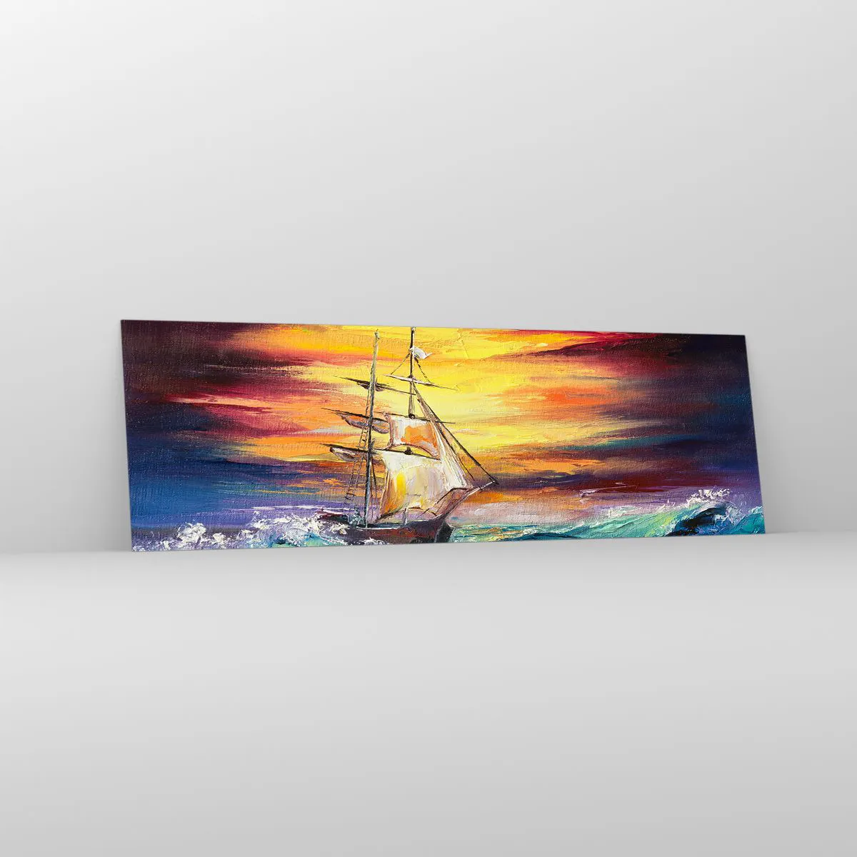 Impression sur verre - Image sur verre - Un voilier sur fond de coucher de soleil coloré - 160x50cm - Courageusement sous les vagues - Décoration murale moderne pour le salon et la chambre ARTTOR