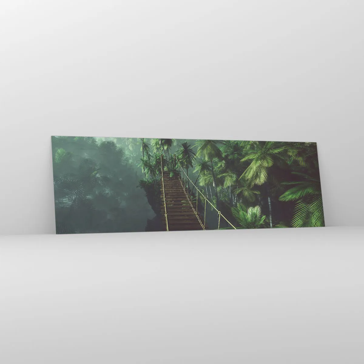Glasbild - Bild auf glas - Eine Hängebrücke in einem tropischen Wald, umgeben von Nebel. - 160x50cm - Über der Brandung des Grüns - Moderne Wanddekoration für Wohnzimmer und Schlafzimmer ARTTOR
