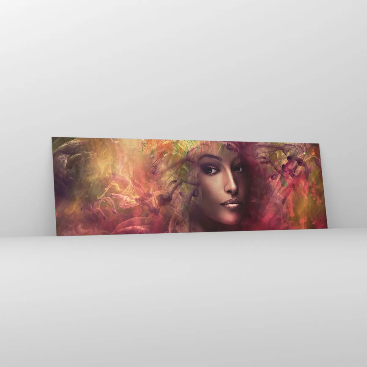 Glasbild - Bild auf glas - Eine Frau in abstrakten Farben, die einen dynamischen Hintergrund schafft - 160x50cm - Ich bin hier! - Moderne Wanddekoration für Wohnzimmer und Schlafzimmer ARTTOR