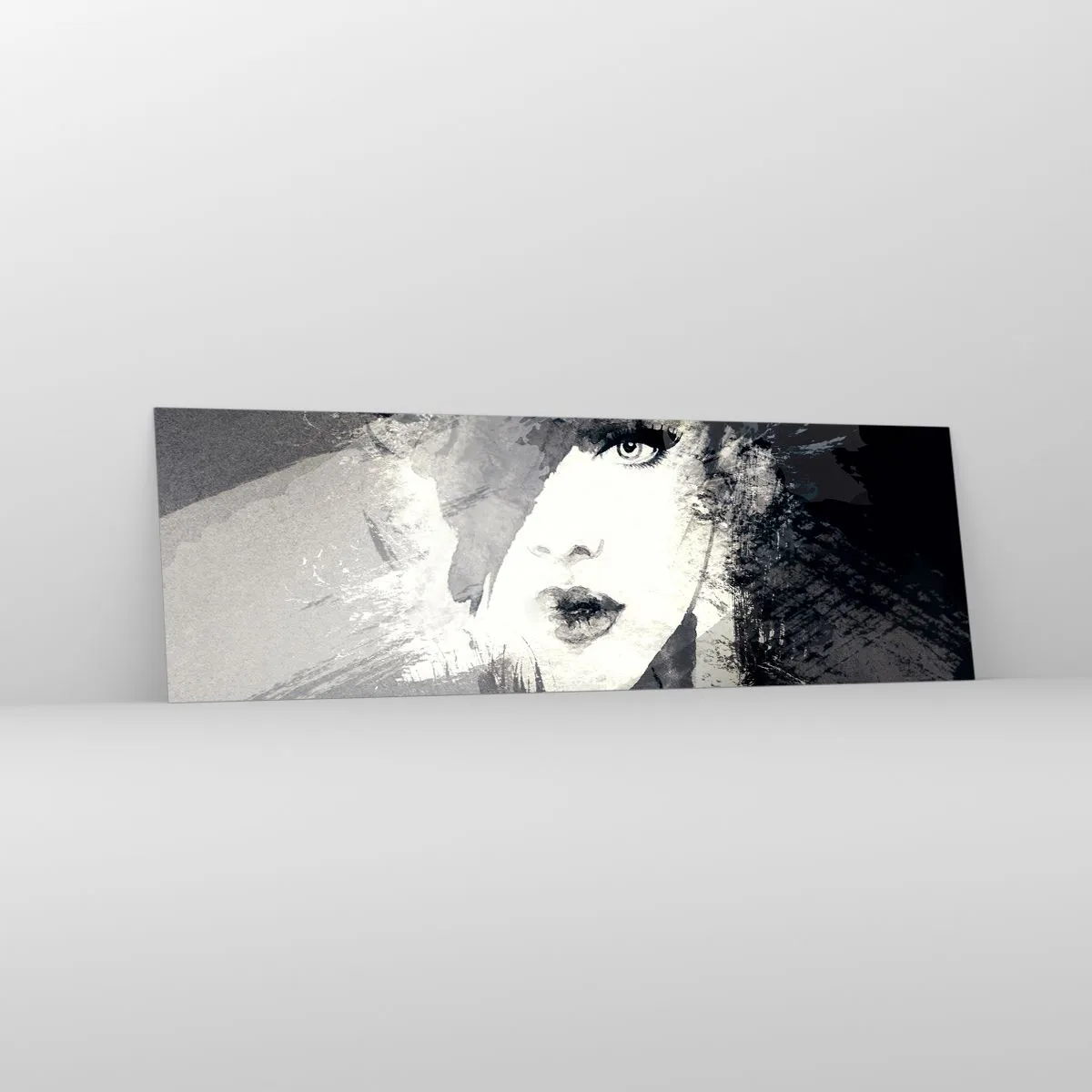 Quadro su vetro - Un ritratto astratto di una donna in tonalità di grigio con delicati accenti. - 160x50cm - Dietro un velo grigio - Decorazione murale moderna per soggiorno e camera da letto ARTTOR