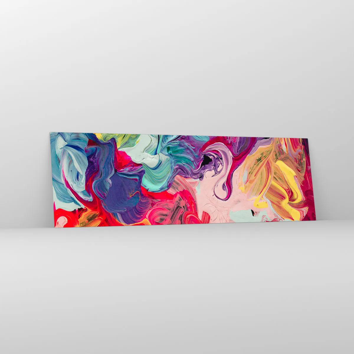 Glasbild - Bild auf glas - Eine abstrakte Komposition mit lebendigen, wirbelnden Farben und einer dynamischen Struktur. - 160x50cm - Die Geburt der Farben - Moderne Wanddekoration für Wohnzimmer und Schlafzimmer ARTTOR