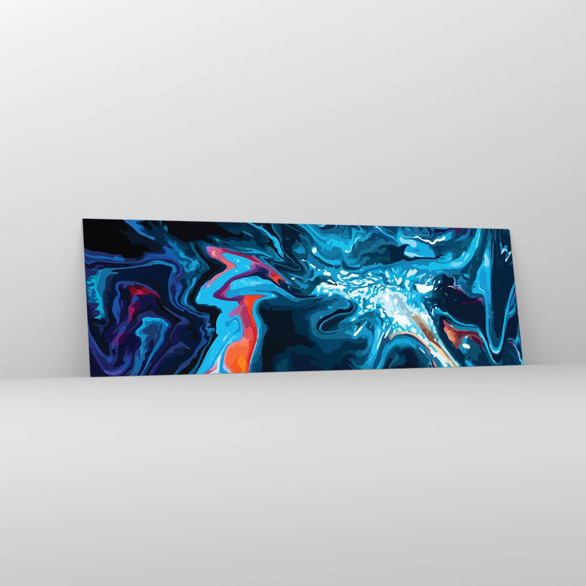 Obraz na szkle - Abstrakcyjny wzór w odcieniach niebieskiego z akcentami pomarańczu - 160x50cm - Podróż do wnętrza nieba - Nowoczesna dekoracja ścienna do salonu i sypialni ARTTOR