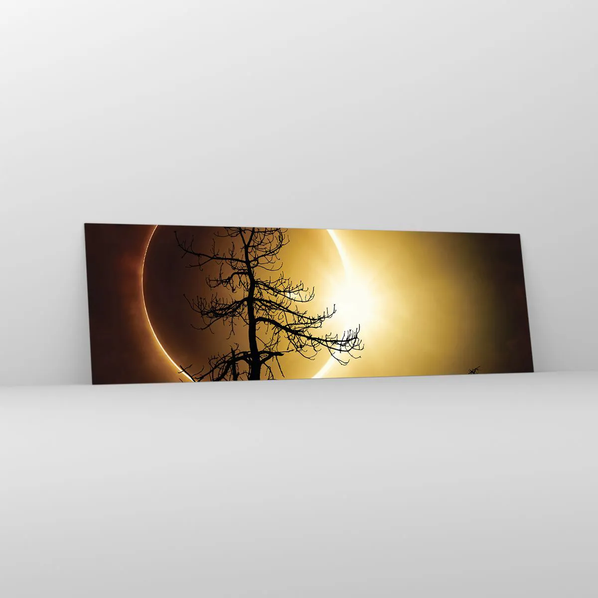 Cuadro sobre vidrio - Impresiones sobre Vidrio - Eclipse solar con una silueta de árbol en primer plano - 160x50cm - Eclipse total - Decoración de pared moderna para salón y dormitorio ARTTOR