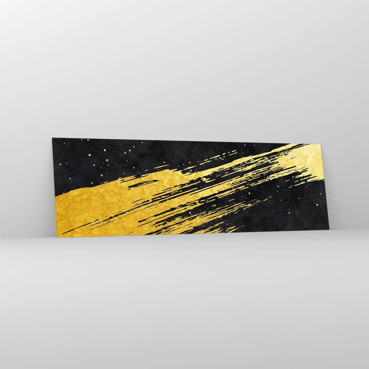 Glasbild - Bild auf glas - Schwarzer Hintergrund mit dynamischen goldenen Pinselstrichen - 160x50cm - Sprung in den Hyperraum - Moderne Wanddekoration für Wohnzimmer und Schlafzimmer ARTTOR
