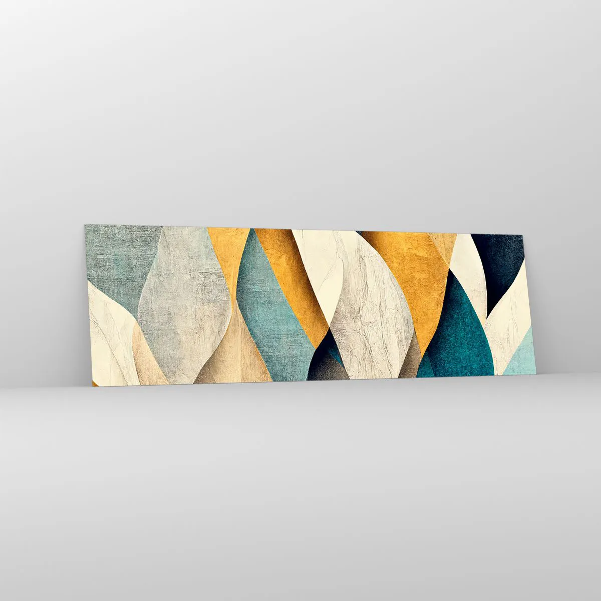 Obraz na szkle - Abstrakcyjne fale w odcieniach niebieskiego i złota - 160x50cm - Rytm i falowanie - Nowoczesna dekoracja ścienna do salonu i sypialni ARTTOR