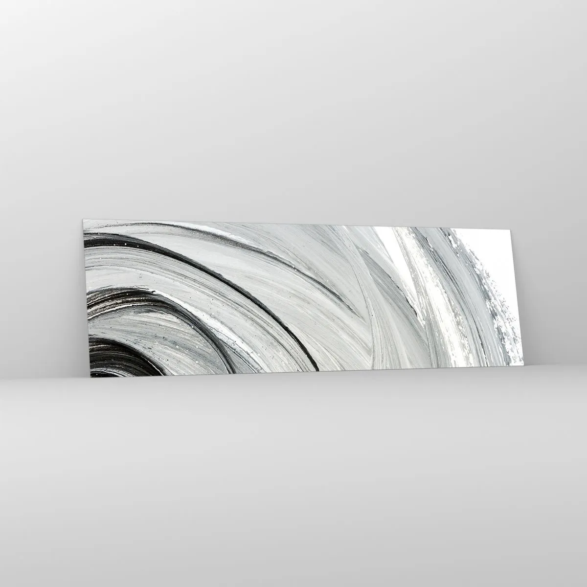 Glasbild - Bild auf glas - Ein monochromer Wirbel in Grau- und Schwarztönen - 160x50cm - Orbitale Komposition - Moderne Wanddekoration für Wohnzimmer und Schlafzimmer ARTTOR