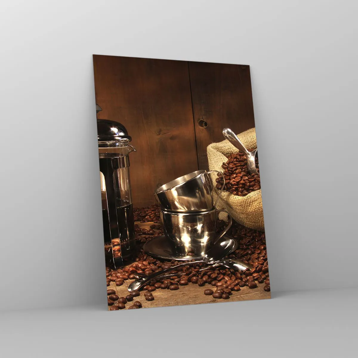 Impression sur verre - Image sur verre - Cafetière, tasses et un sac de grains de café - 50x70cm - Le charme du café - arôme et goût - Décoration murale moderne pour le salon et la chambre ARTTOR