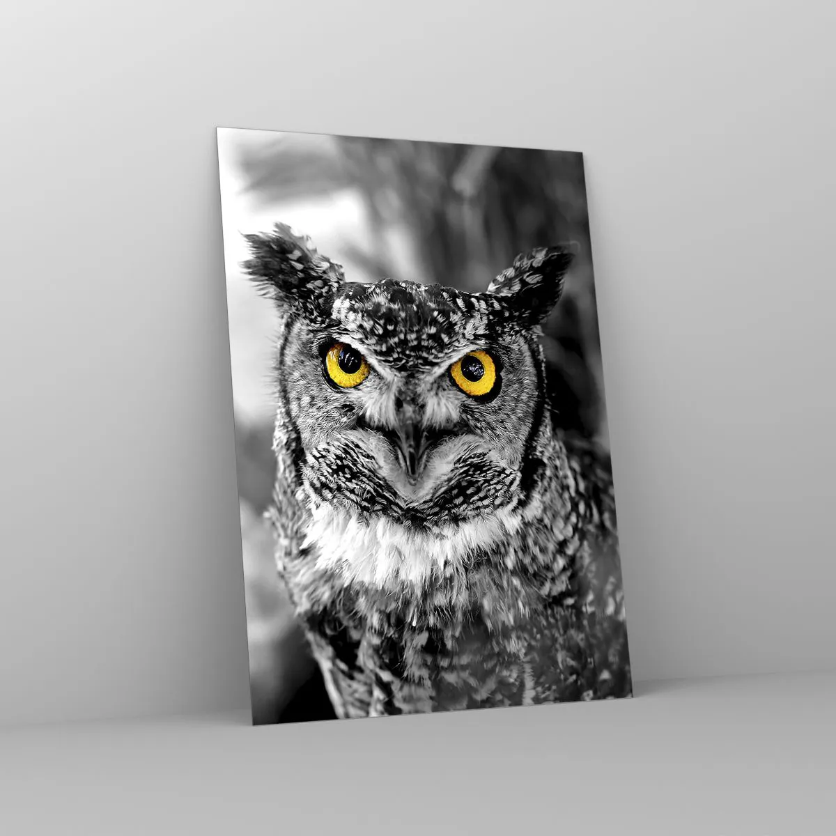 Obraz na szkle - Sowa z żółtymi oczami na czarno-białym tle - 50x70cm - Nic się nie ukryje - Nowoczesna dekoracja ścienna do salonu, kuchni i sypialni ARTTOR