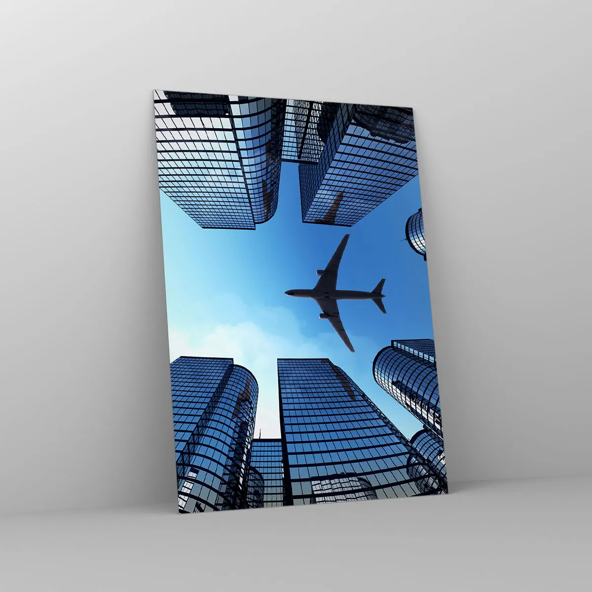 Impression sur verre - Image sur verre - Vue de l'avion entre les gratte-ciels - 50x70cm - La vue depuis le ravin de verre - Décoration murale moderne pour le salon et la chambre ARTTOR