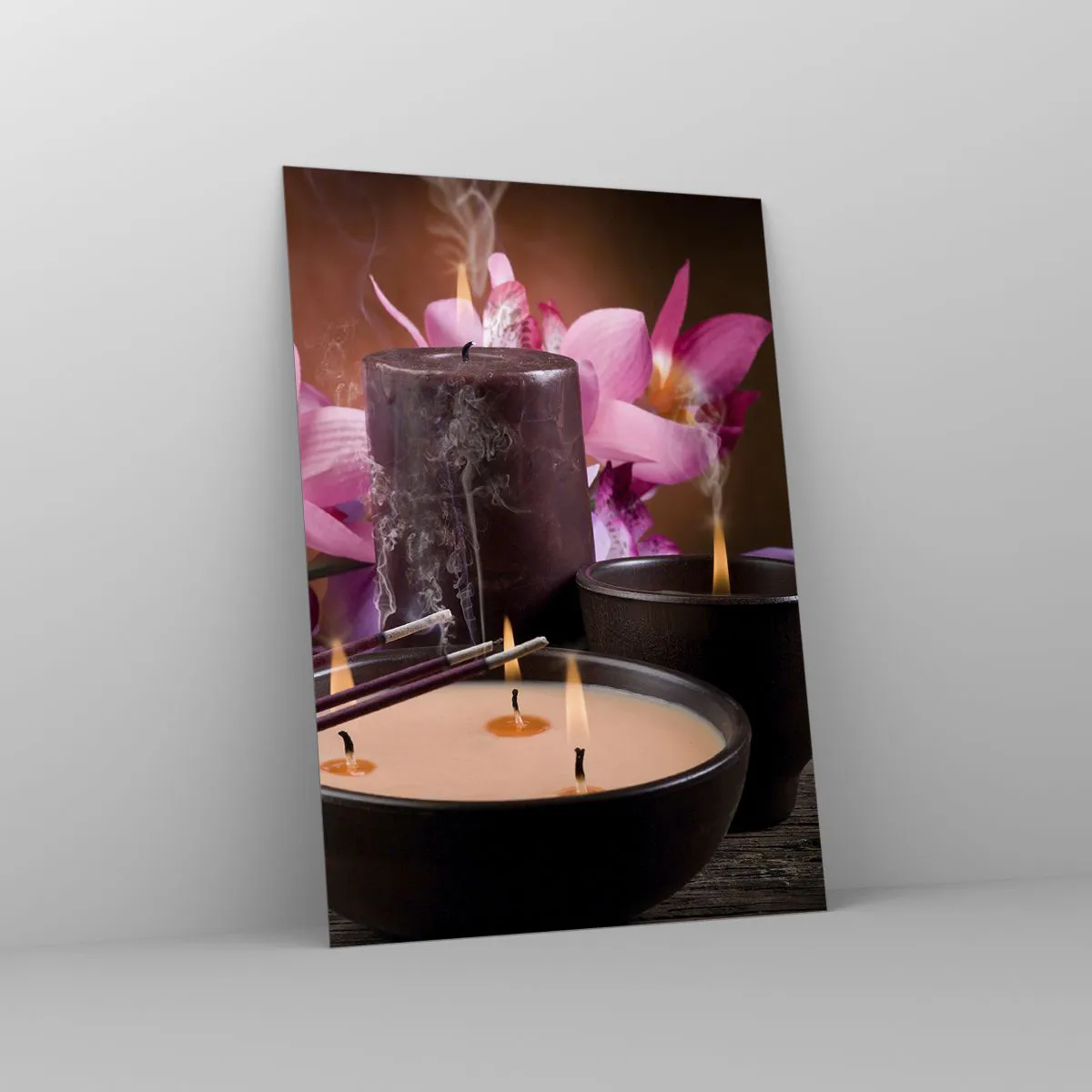 Glasbild - Bild auf glas - Entspannungskomposition mit Buddha, Kerzen und Blumen - 50x70cm - Den Geist frei machen, den Körper beruhigen - Moderne Wanddekoration für Wohnzimmer und Schlafzimmer ARTTOR