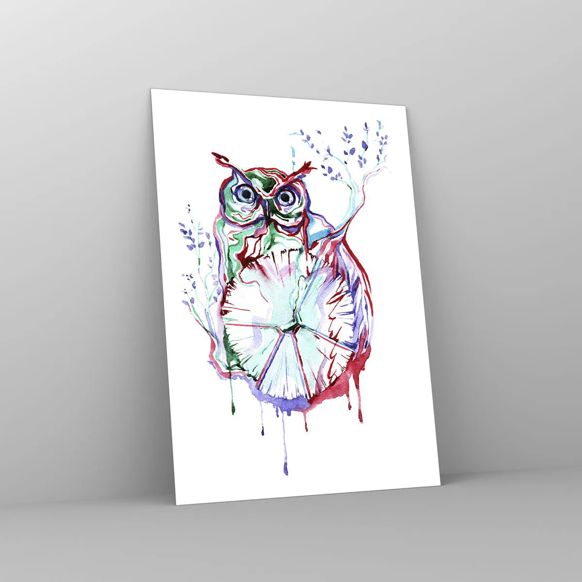 Glasbild - Bild auf glas - Abstrakte Eule in einer farbenfrohen Aquarellkomposition - 50x70cm - Von Natur aus klug - Moderne Wanddekoration für Wohnzimmer und Schlafzimmer ARTTOR