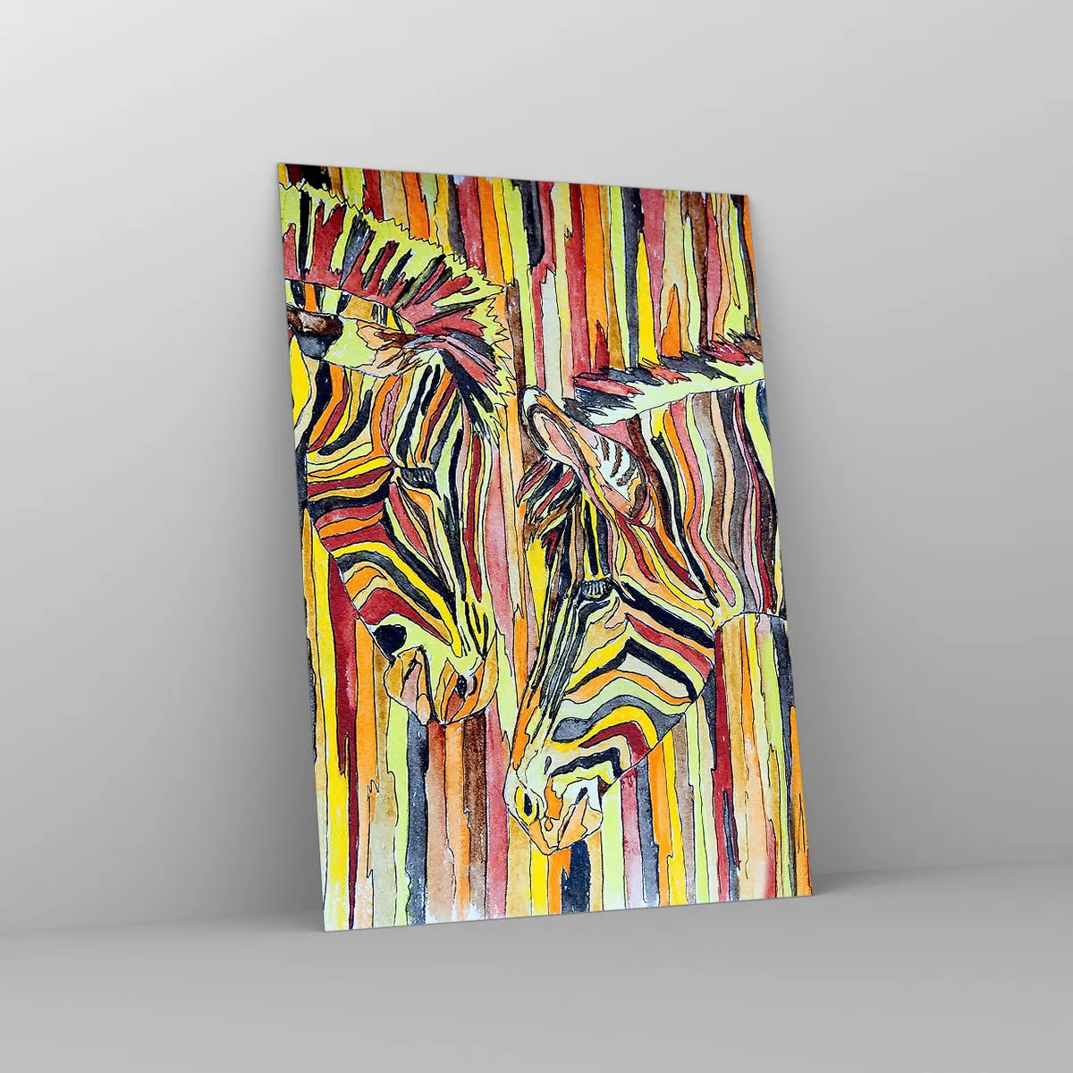 Cuadro sobre vidrio - Impresiones sobre Vidrio - Cebras coloridas en un estilo artístico de acuarela. - 50x70cm - Y tú también... - Decoración de pared moderna para salón y dormitorio ARTTOR