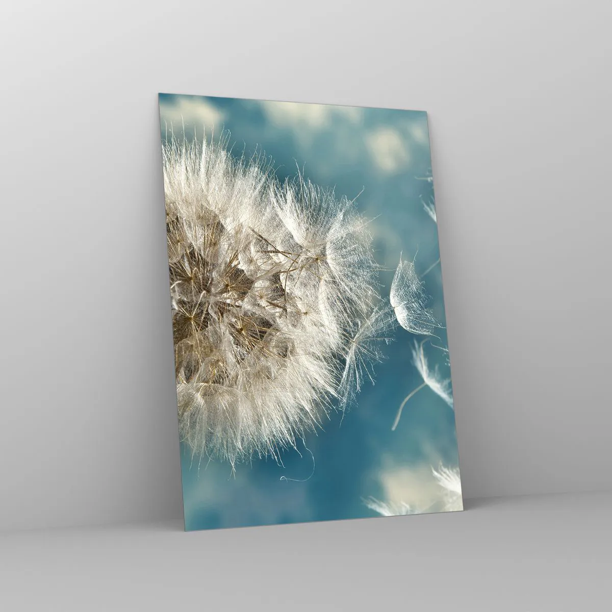 Glasbild - Bild auf glas - Ein zarter Löwenzahn vor dem Himmel mit schwebenden Samen - 50x70cm - Engelsatem - Moderne Wanddekoration für Wohnzimmer und Schlafzimmer ARTTOR